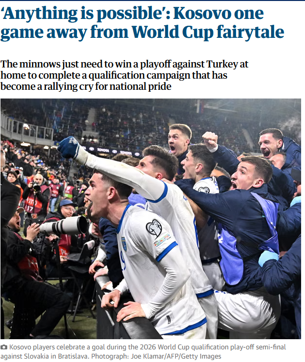 The Guardian: “Gjithçka është e mundur” – Kosova një ndeshje larg historisë në Kupën e Botës