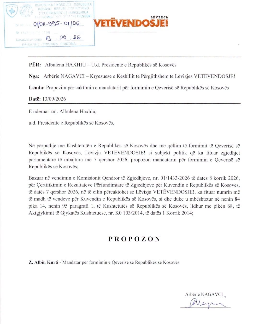 LVV-ja propozon Albin Kurtin për mandatar të formimit të Qeverisë